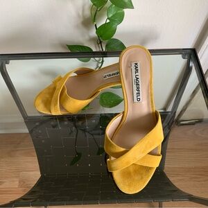 Karl Lagerfeld Fawn Yellow Leather Suede Open Toe Slide Block Heel Sandal Size 6